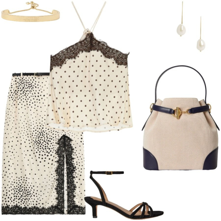 Outfit donna - Party time. Stile Chic per Serata fuori. Abbinamento con top, gonne longuette, orecchini, sandali col tacco, braccialetti, borse a secchiello.