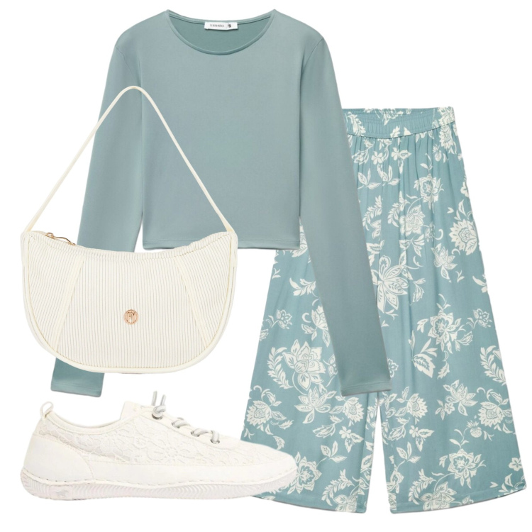 Outfit donna - Total look #2415797. Stile Romantica per Tutti i giorni. Abbinamento con sneakers, t-shirt, pantaloni a palazzo, borse a mano.