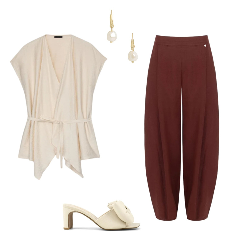 Outfit donna - Lino e perle. Stile Basic per Ufficio. Abbinamento con pantaloni, caftani, orecchini, sandali col tacco.