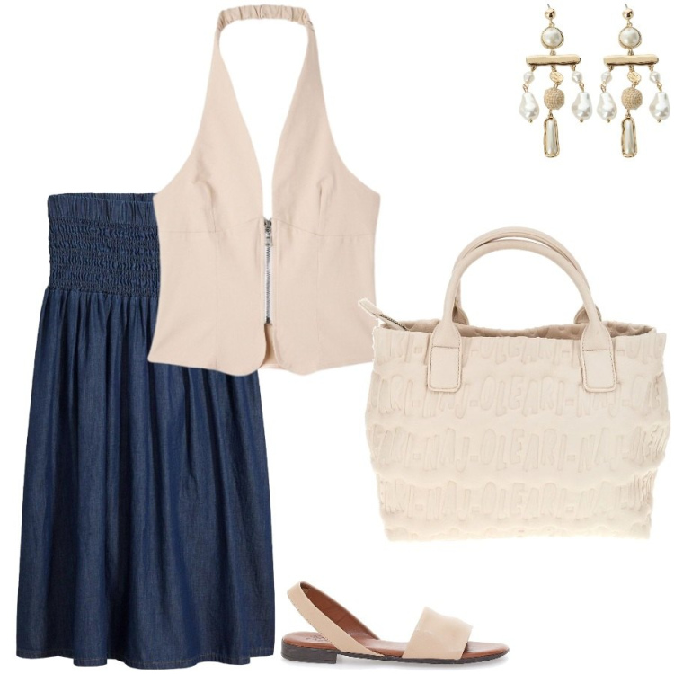 Outfit donna - Commissioni pomeridiane. Stile Casual chic per Tutti i giorni. Abbinamento con gonne longuette, top, orecchini, sandali, borse a mano.
