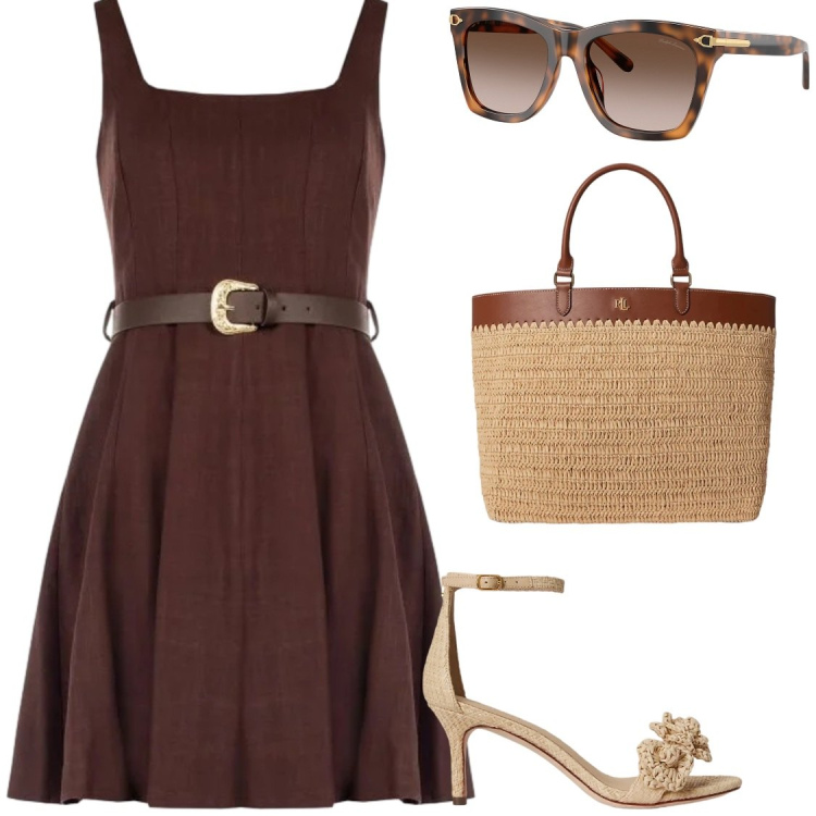 Outfit donna - Raffinatezza in marrone. Stile Chic per Serata fuori. Abbinamento con vestiti corti, sandali in pelle, occhiali da sole, borse tote.