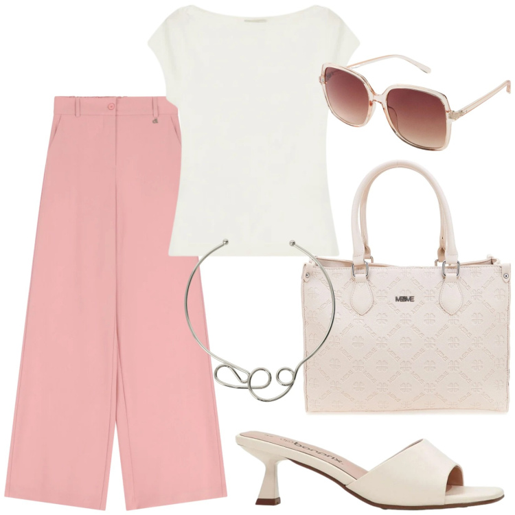 Outfit donna - Total look #2415802. Stile Minimal per Tutti i giorni. Abbinamento con ciabatte, occhiali da sole, pantaloni a palazzo, collane, top, borse a tracolla.