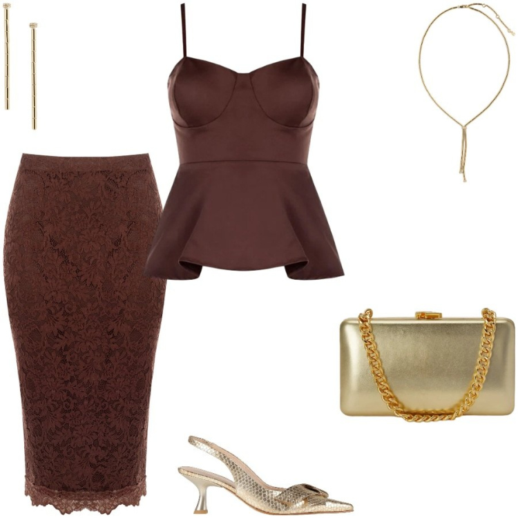 Outfit donna - My birthday party. Stile Chic per Serata fuori. Abbinamento con décolleté, canottiere, gonne longuette, clutch, orecchini, collane.