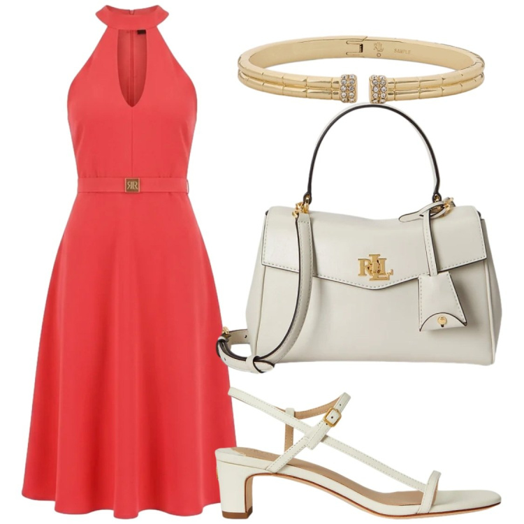 Outfit donna - Rosso fragola. Stile Glamour per Cerimonia. Abbinamento con vestiti midi/longuette, sandali in pelle, borse a mano, braccialetti.