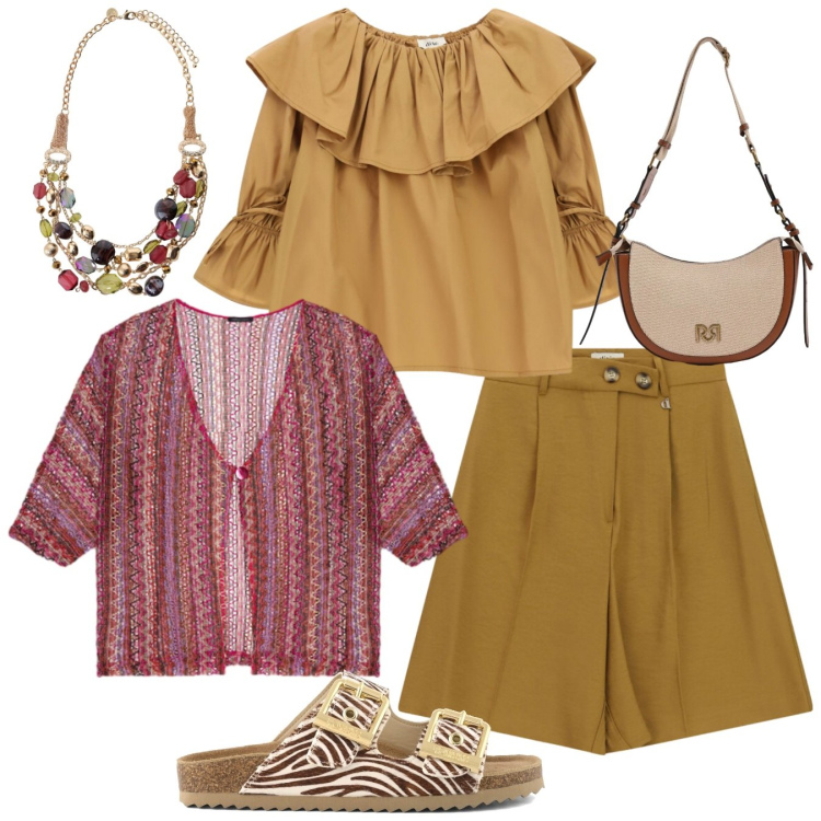 Outfit donna - Tropical mood. Stile Etnico per Tutti i giorni. Abbinamento con borse a tracolla, collane, bermuda, camicie, kimono, sandali in pelle.