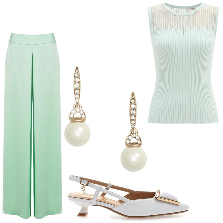 Outfit donna - Cerimonia di giorno. Stile Chic per Cerimonia. Abbinamento con pantaloni a palazzo, top, orecchini, décolleté.