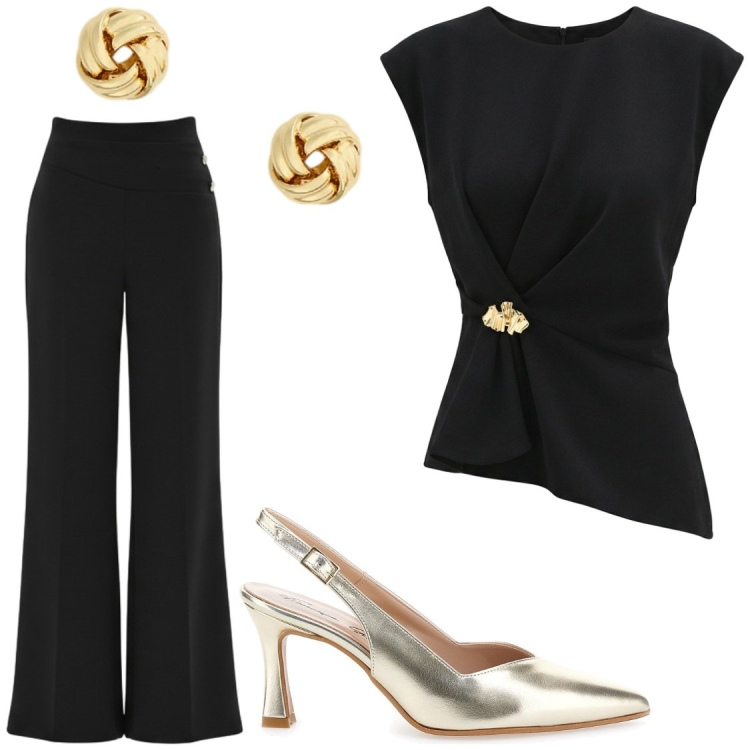 Outfit donna - Intramontabile raffinatezza. Stile Glamour per Cerimonia. Abbinamento con pantaloni a palazzo, top, orecchini, décolleté.