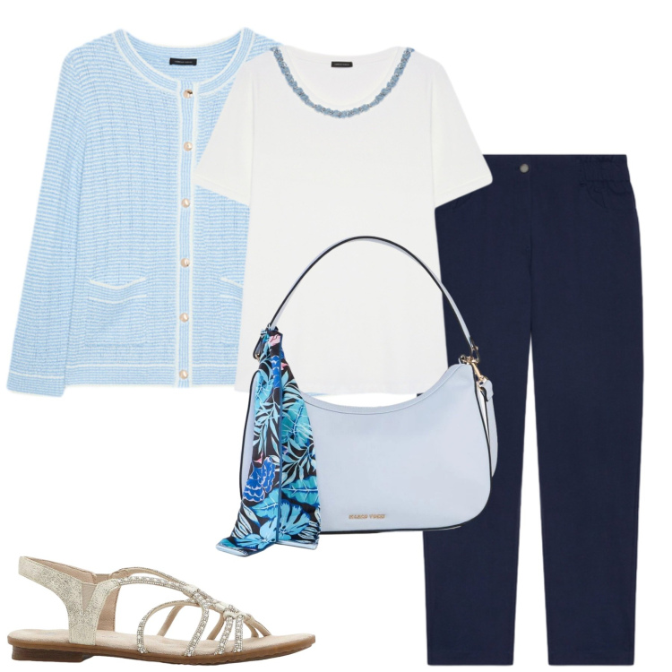 Outfit donna - Fiorella Rubino. Stile Urban per Tutti i giorni. Abbinamento con sandali, borse a mano, cardigans, t-shirt, pantaloni.