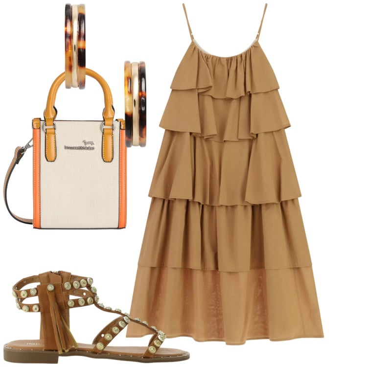 Outfit donna - City. Stile Casual chic per Tutti i giorni. Abbinamento con sandali, borse tote, vestiti lunghi, orecchini.