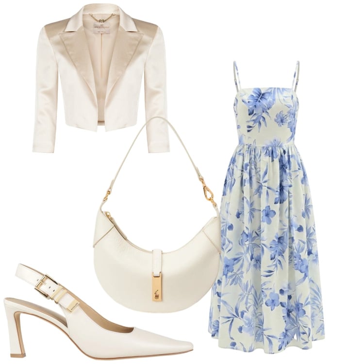 Outfit donna - Fiori blu. Stile Chic per Cerimonia. Abbinamento con décolleté, vestiti midi/longuette, bolero, borse a spalla.