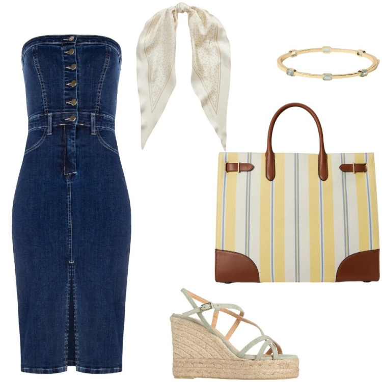 Outfit donna - Apericena. Stile Casual chic per Serata fuori. Abbinamento con espadrillas, vestiti a tubino, borse tote, foulard, braccialetti.