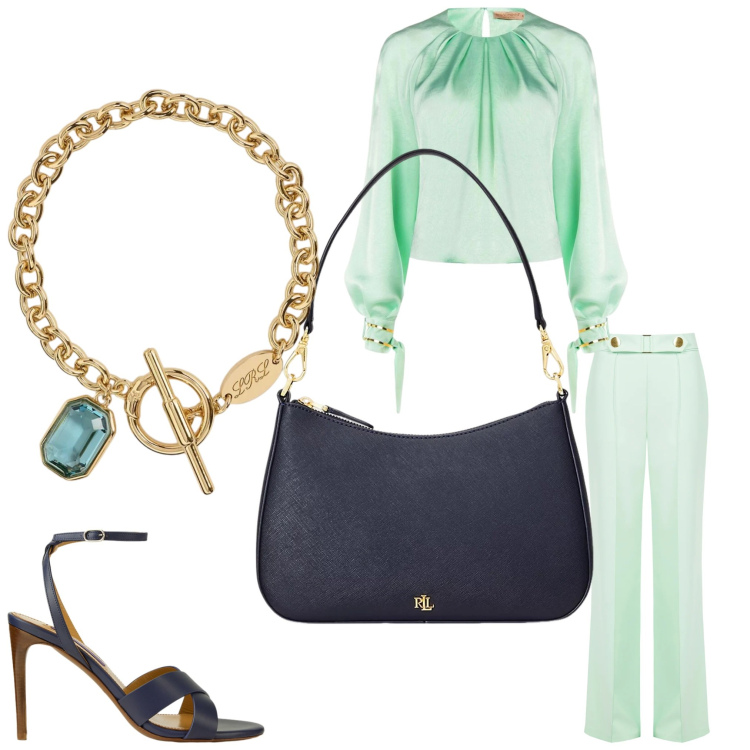 Outfit donna - Acqua. Stile Chic per Serata fuori. Abbinamento con bluse, pantaloni, borse a spalla, sandali col tacco, braccialetti.