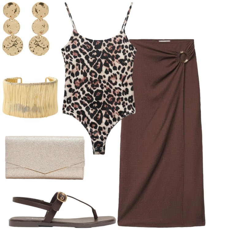 Outfit donna - Serata. Stile Trendy per Serata fuori. Abbinamento con sandali, top, gonne lunghe, clutch, braccialetti, orecchini.