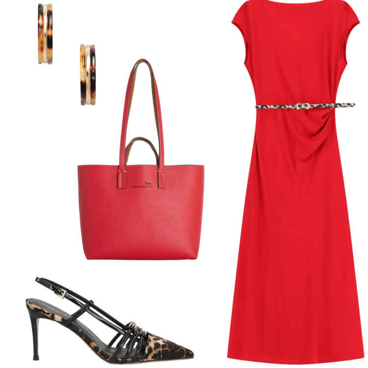Outfit donna - Colori d\'estate. Stile Casual chic per Serata fuori. Abbinamento con décolleté, vestiti midi/longuette, shopping bag, orecchini.