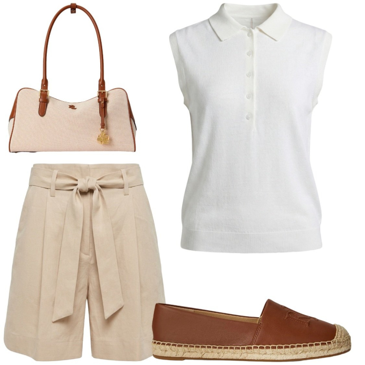Outfit donna - Espadrillas in pelle. Stile Casual chic per Tutti i giorni. Abbinamento con polo, bermuda, borse a mano, espadrillas.