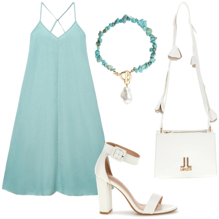 Outfit donna - Minimal. Stile Minimal per Serata fuori. Abbinamento con vestiti lunghi, braccialetti, borse a tracolla, sandali col tacco.