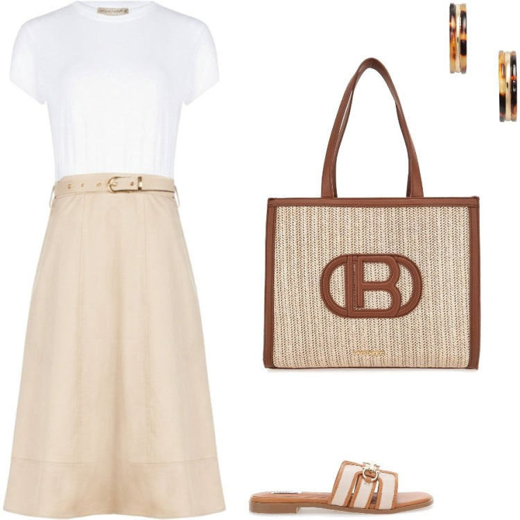 Outfit donna - Eleganza sobria in ufficio. Stile Casual chic per Ufficio. Abbinamento con vestiti midi/longuette, orecchini, borse a spalla, ciabatte.