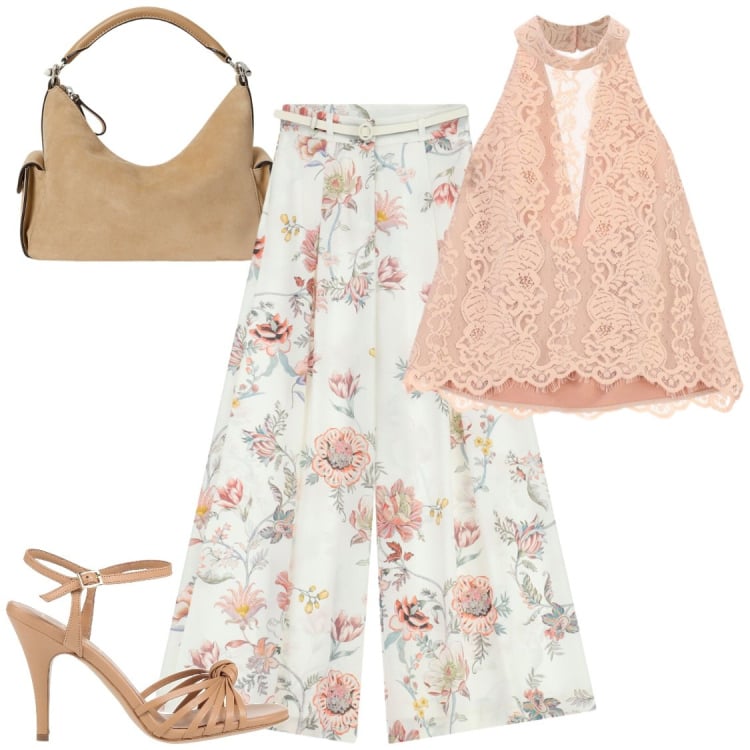 Outfit donna - Profumi estivi. Stile Chic per Cerimonia. Abbinamento con sandali in pelle, pantaloni a palazzo, canottiere, borse a spalla.