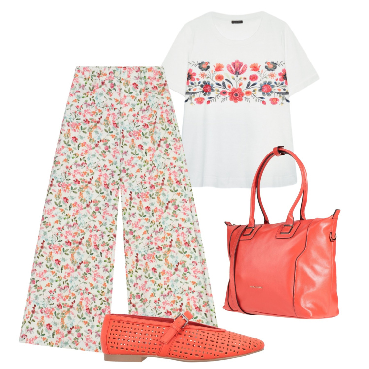Outfit donna - Passeggiata con le amiche. Stile Sporty chic per Tutti i giorni. Abbinamento con zaini, ballerine, pantaloni a palazzo, t-shirt.
