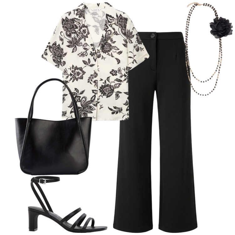 Outfit donna - Giugno. Stile Urban per Tutti i giorni. Abbinamento con shopping bag, sandali col tacco, pantaloni, camicie a manica corta, collane.