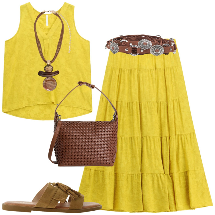 Outfit donna - Solare. Stile Boho per Tutti i giorni. Abbinamento con cinture, gonne lunghe, sandali, top, borse a spalla, ciondoli.