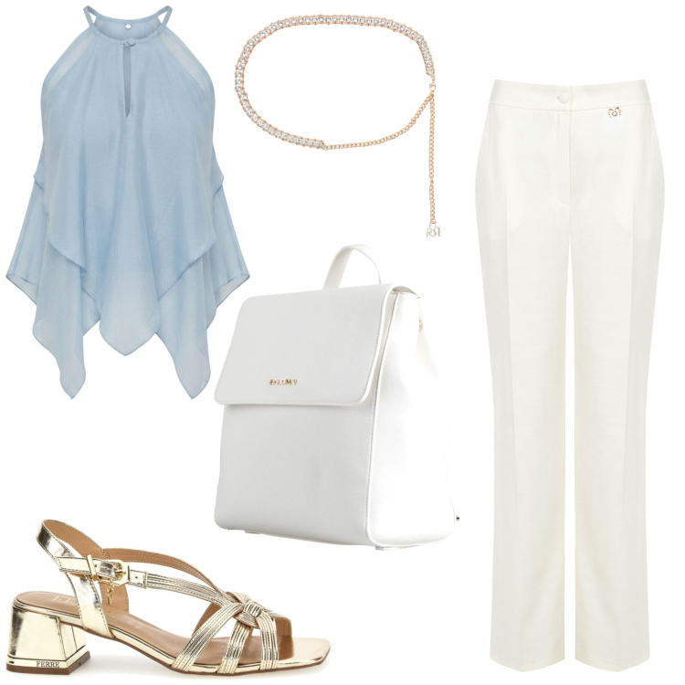 Outfit donna - La blusa romantica. Stile Romantica per Tutti i giorni. Abbinamento con zaini, pantaloni a palazzo, cinture, canottiere, sandali in pelle.