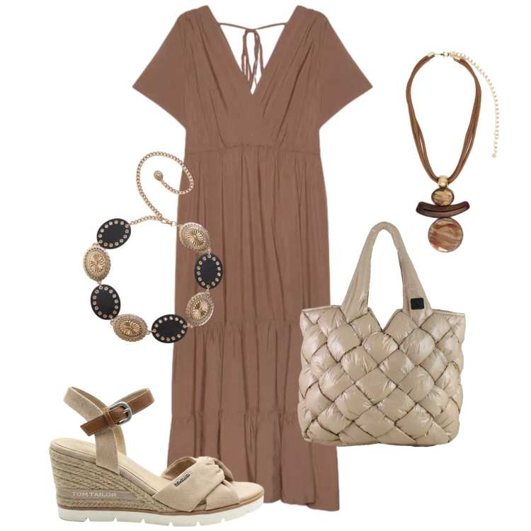 Outfit donna - Nuance terra sotto il sole. Stile Casual per Tutti i giorni. Abbinamento con sandali col tacco, cinture, vestiti lunghi, ciondoli, borse tote.