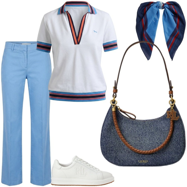 Outfit donna - Giorni di lavoro. Stile Casual chic per Ufficio. Abbinamento con polo, pantaloni, borse a spalla, sneakers, foulard.