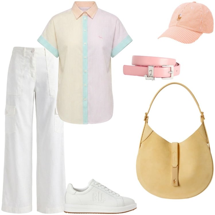 Outfit donna - Total look #2415833. Stile Casual chic per Tutti i giorni. Abbinamento con cinture, pantaloni cargo, camicie a manica corta, sneakers, borse a spalla, cappelli con visiera.