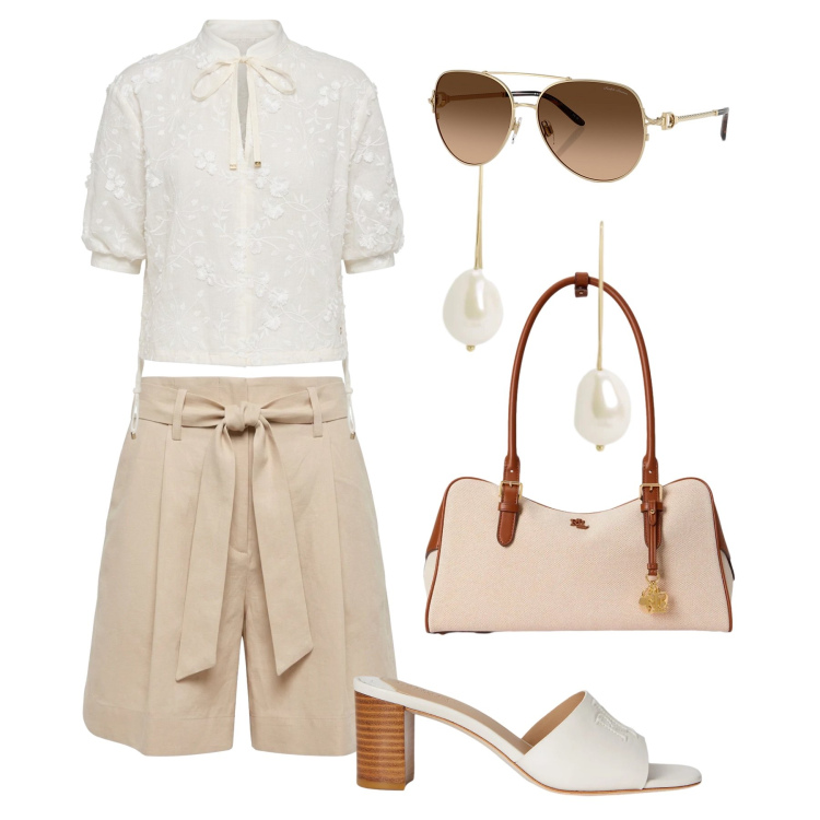 Outfit donna - Eleganza casual. Stile Casual chic per Tutti i giorni. Abbinamento con bluse, bermuda, occhiali da sole, sandali in pelle, borse a mano, orecchini.