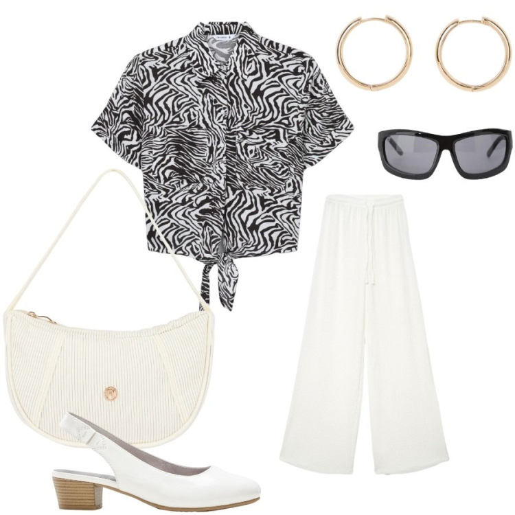Outfit donna - Total look #2415836. Stile Casual chic per Tutti i giorni. Abbinamento con décolleté, orecchini, camicie a manica corta, pantaloni, occhiali da sole, borse a mano.