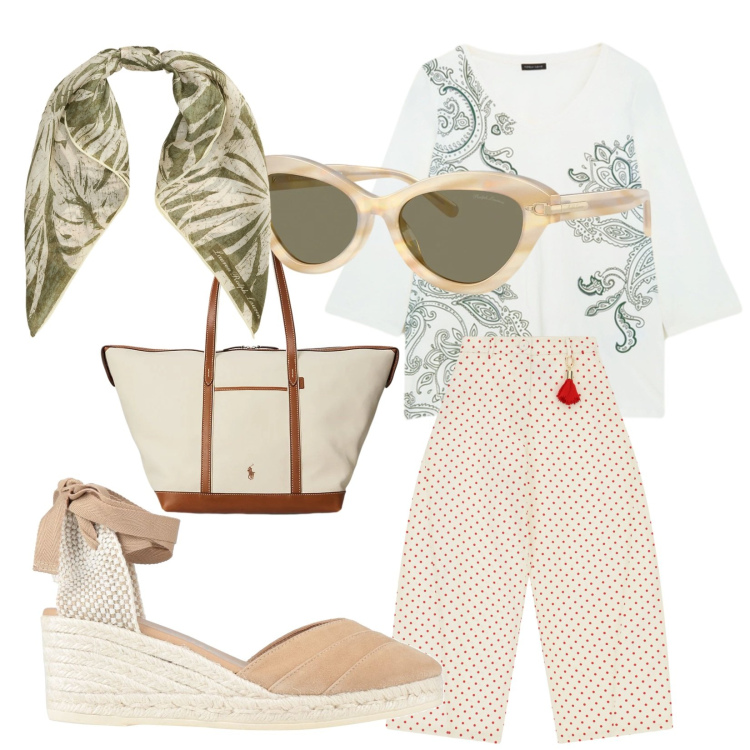 Outfit donna - Estate di città. Stile Casual per Tutti i giorni. Abbinamento con espadrillas, pantaloni, t-shirt, borse tote, occhiali da sole, foulard.