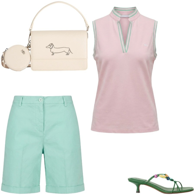 Outfit donna - Total look #2415838. Stile Casual chic per Tutti i giorni. Abbinamento con borse a tracolla, polo, bermuda, sandali gioiello.