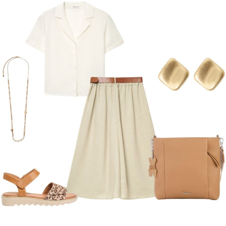 Outfit donna - Total look #2415841. Stile Casual chic per Ufficio. Abbinamento con sandali, borse a tracolla, gonne lunghe, camicie a manica corta, orecchini, collane.