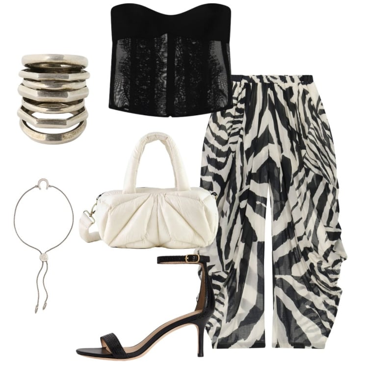 Outfit donna - Leggerezza. Stile Casual chic per Serata fuori. Abbinamento con pantaloni, top, braccialetti con ciondoli, sandali in pelle, anelli, borse a mano.