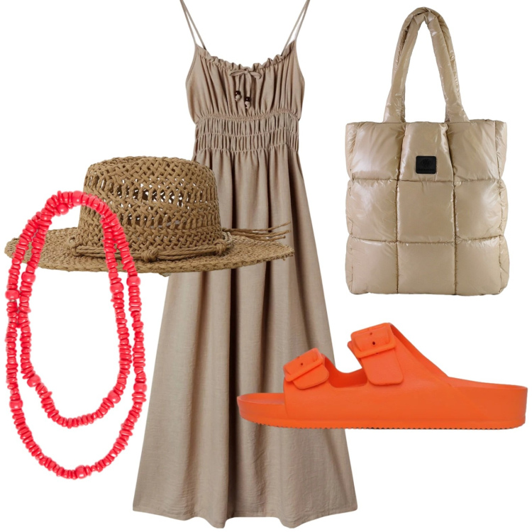 Outfit donna - Abiti fluidi sotto il sole. Stile Casual per Tutti i giorni. Abbinamento con vestiti lunghi, ciabatte, cappelli, collane, shopping bag.