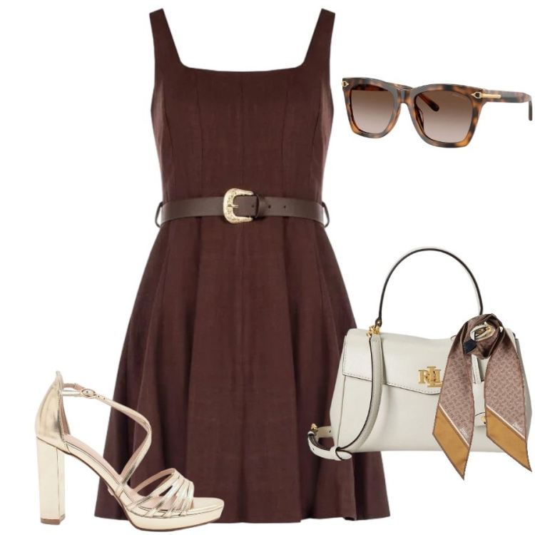 Outfit donna - Total look #2415849. Stile Casual chic per Tutti i giorni. Abbinamento con sciarpe, vestiti corti, sandali col tacco, borse a mano, occhiali da sole.