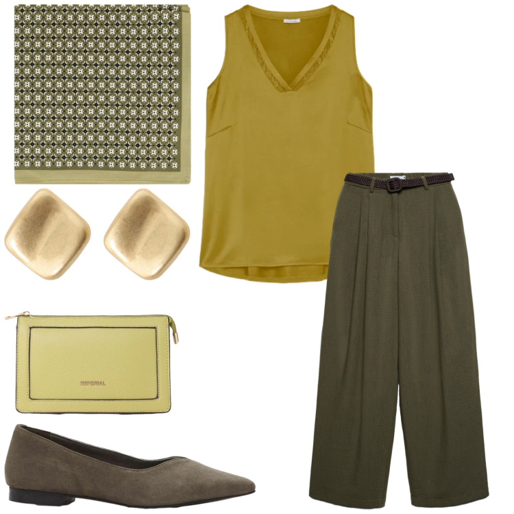 Outfit donna - In ufficio. Stile Casual chic per Ufficio. Abbinamento con ballerine, pantaloni, borse a tracolla, orecchini, foulard, top.