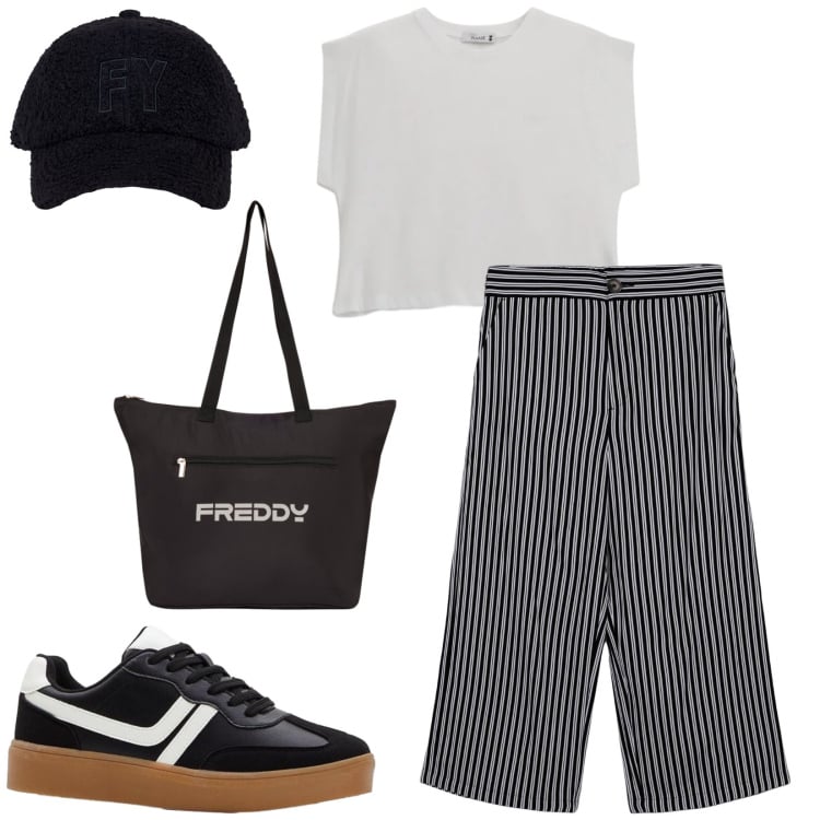 Outfit donna - Total look #2415852. Stile Urban per Tutti i giorni. Abbinamento con sneakers, pantaloni a palazzo, top, cappelli con visiera, shopping bag.