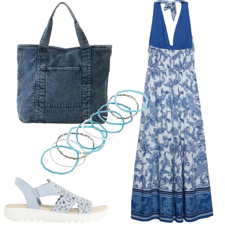 Outfit donna - Total look #2415854. Stile Boho per Tutti i giorni. Abbinamento con braccialetti, shopping bag, sandali col tacco, vestiti lunghi.