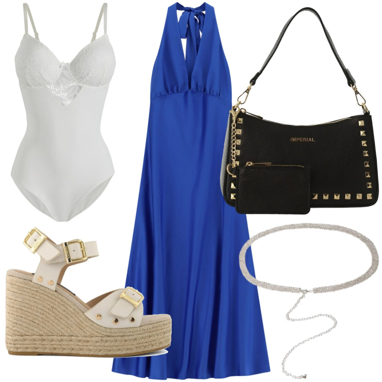 Outfit donna - Prime sere d’estate. Stile Chic per Serata fuori. Abbinamento con body, vestiti lunghi, borse a spalla, cinture, zeppe.