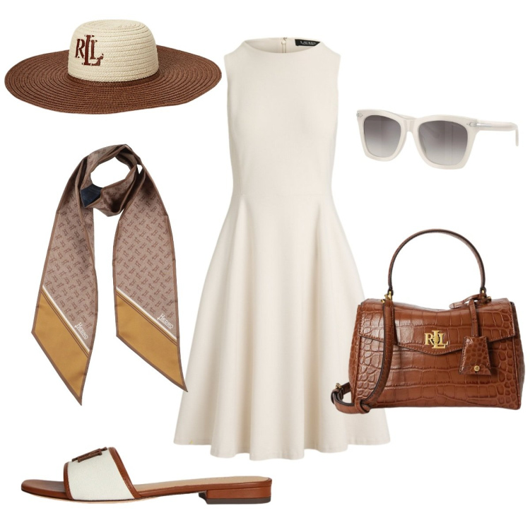 Outfit donna - Retrò. Stile Chic per Tutti i giorni. Abbinamento con sciarpe, borse a mano, cappelli, occhiali da sole, ciabatte, vestiti corti.