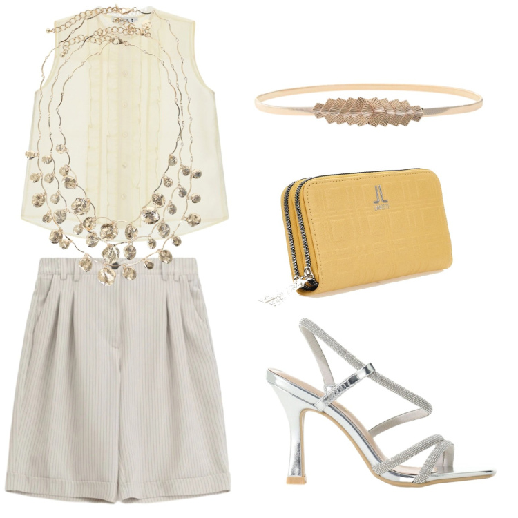 Outfit donna - Please - Slow Pleasure. Stile Glamour per Tutti i giorni. Abbinamento con sandali col tacco, bermuda, camicie, collane, cinture, portafogli.