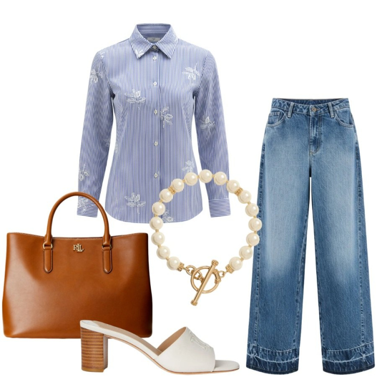 Outfit donna - Total look #2415862. Stile Casual chic per Tutti i giorni. Abbinamento con camicie, jeans dritti, borse a mano, sandali in pelle, collane.