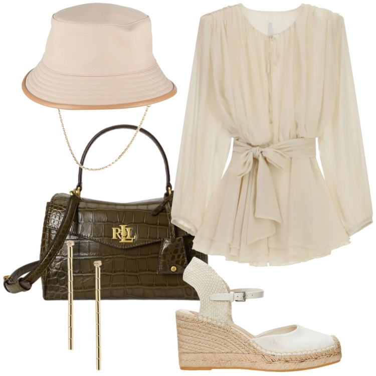 Outfit donna - Primavera chic. Stile Casual per Tutti i giorni. Abbinamento con cappelli, vestiti corti, espadrillas, orecchini, borse a mano.
