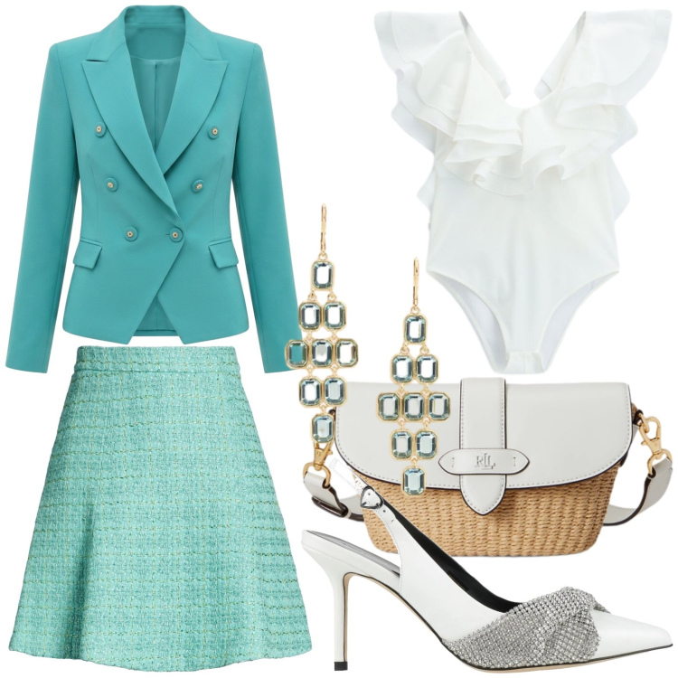 Outfit donna - Eleganza green. Stile Chic per Tutti i giorni. Abbinamento con minigonne, décolleté, blazer, body, borse a spalla, orecchini.