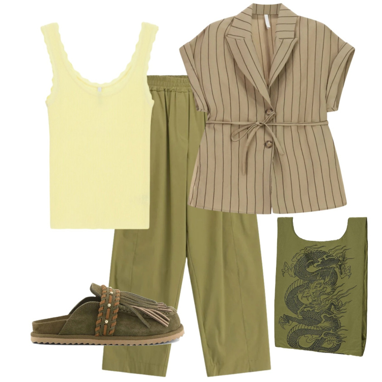 Outfit donna - Limone e pistacchio. Stile Casual per Tutti i giorni. Abbinamento con canottiere, pantaloni, blazer, shopping bag, sabot.