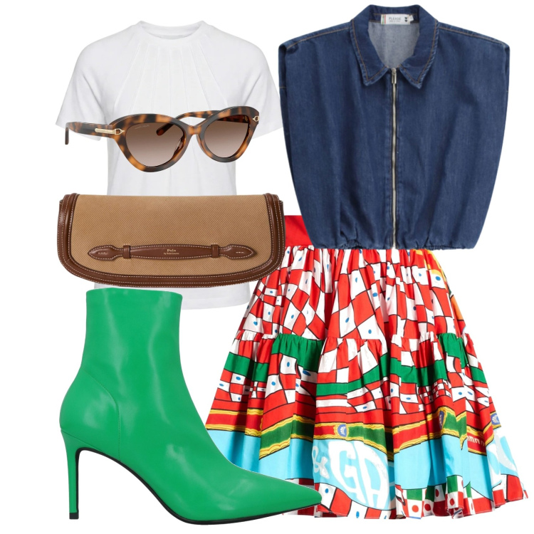 Outfit donna - Rock&Roll. Stile Rock per Serata fuori. Abbinamento con minigonne, stivaletti, t-shirt, gilet, clutch, occhiali da sole.