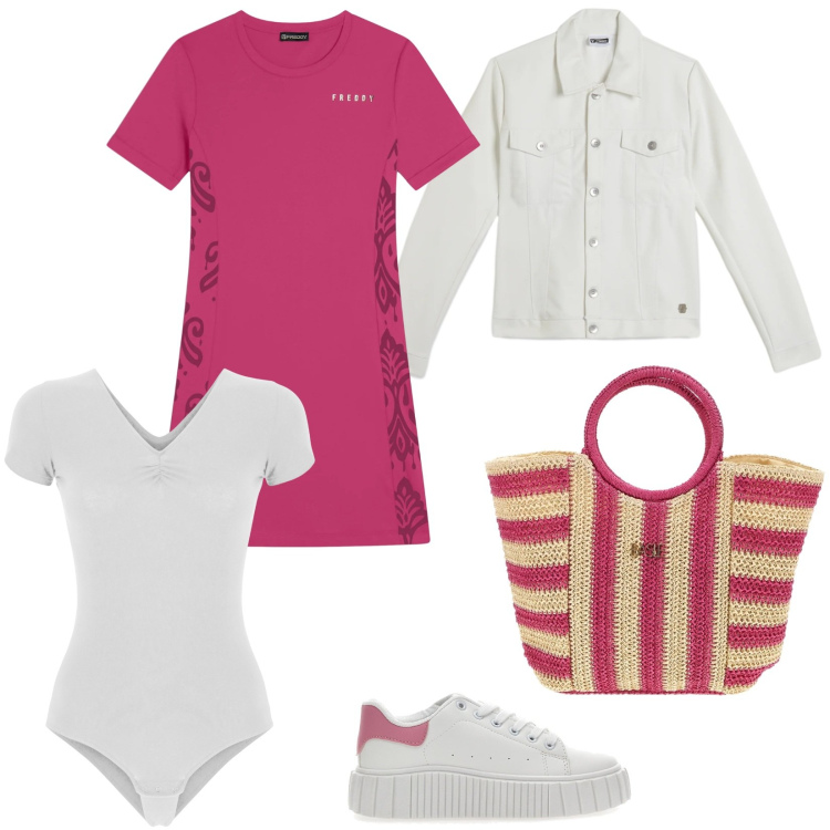 Outfit donna - Summer energy con Freddy. Stile Casual per Tutti i giorni. Abbinamento con vestiti midi/longuette, body, giacche, sneakers, borse a mano.
