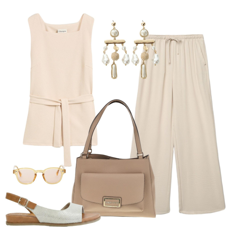 Outfit donna - Minimal chic. Stile Chic per Tutti i giorni. Abbinamento con sandali, top, pantaloni, occhiali da sole, orecchini, borse a spalla.